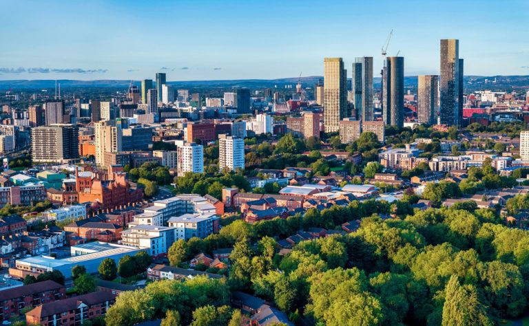 Panoramic,View,Of,Manchester,Skyline,Before,The,Sunset.